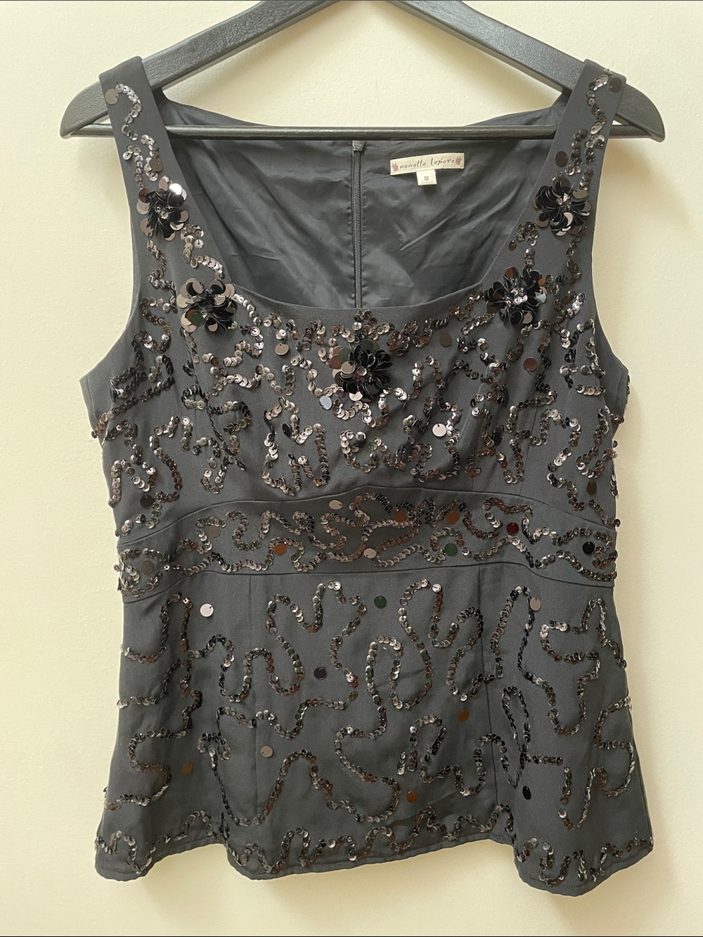 Nanette Lepore Silk Black Sequin Floral Appliqué Camisole